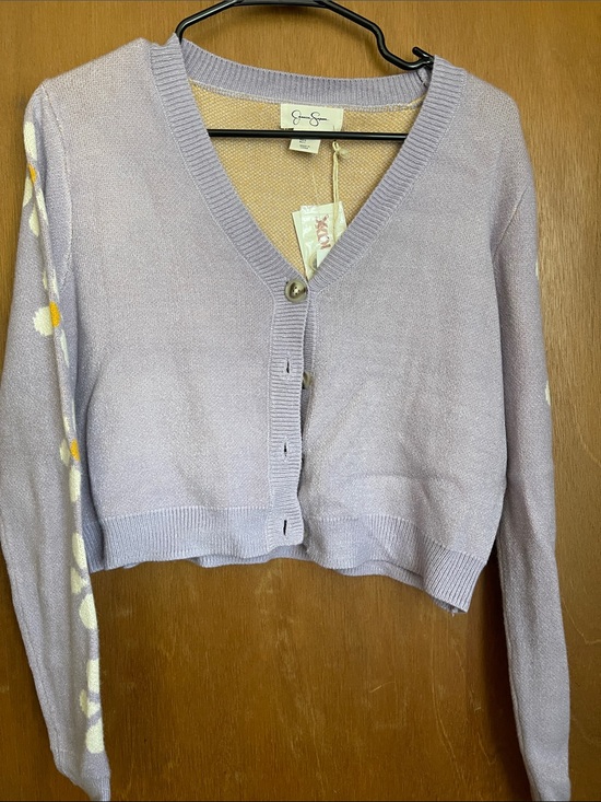 Jessica Simpson Sweaters - Jessica Simpson Lavender Cropped V-Neck Cardigan with Yellow Floral Sleeve